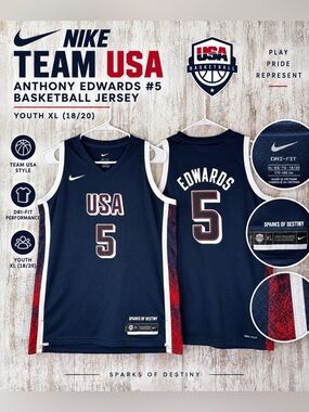 Nike Team USA Anthony Edwards #5 Basketball Jersey XL Youth 18/20 Navy